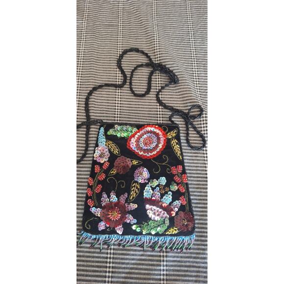 90s crossbody bag- floral bead design handbag w/ strap & fringe beading- NWOT - Picture 1 of 8